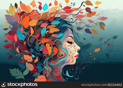 Vibrant female head with multicolored tree   leaves, surreal digital art, lively organic imagery by generative AI