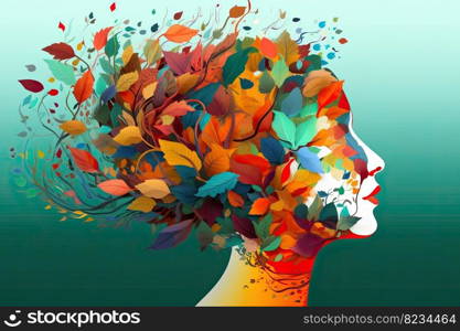 Vibrant female head with multicolored tree   leaves, surreal digital art, lively organic imagery by generative AI