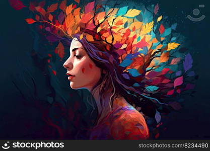 Vibrant female head with multicolored tree   leaves, surreal digital art, lively organic imagery by generative AI