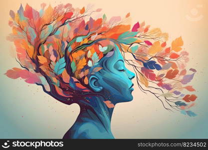 Vibrant female head with multicolored tree   leaves, surreal digital art, lively organic imagery by generative AI