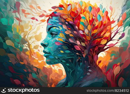 Vibrant female head with multicolored tree   leaves, surreal digital art, lively organic imagery by generative AI