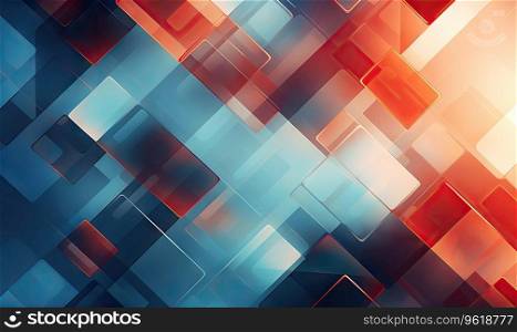 Vibrant geometric shapes in a dynamic arrangement with contrasting colors. Abstract composition of squares in red, blue, and orange with a central focus. Created with generative AI tools. Vibrant geometric shapes in a dynamic arrangement. Created by AI