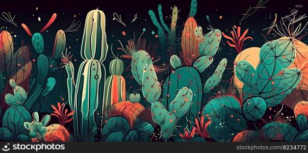 Vibrant, hand sketched cactus illustrations with striking lines, shapes, and disorderly patterns by generative AI