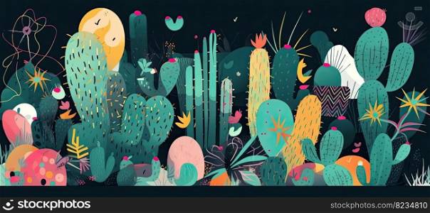 Vibrant, hand sketched cactus illustrations with striking lines, shapes, and disorderly patterns by generative AI