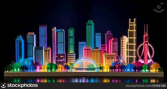 Vibrant illuminated neon city skyline at night. Generative AI. High quality illustration. Vibrant illuminated neon city skyline at night. Generative AI