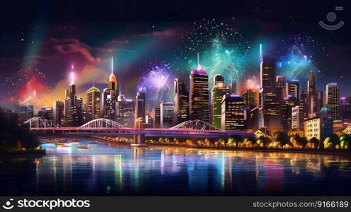 Vibrant illuminated neon city skyline at night. Generative AI. High quality illustration. Vibrant illuminated neon city skyline at night. Generative AI