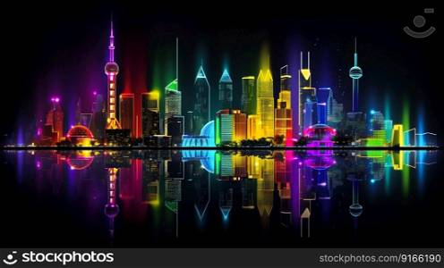Vibrant illuminated neon city skyline at night. Generative AI. High quality illustration. Vibrant illuminated neon city skyline at night. Generative AI