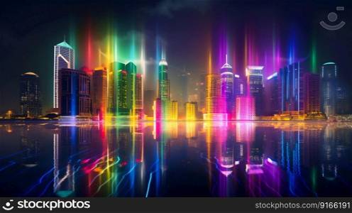 Vibrant illuminated neon city skyline at night. Generative AI. High quality illustration. Vibrant illuminated neon city skyline at night. Generative AI