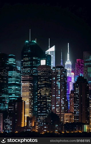 Vibrant illuminated neon city skyline at night. Generative AI. High quality illustration. Vibrant illuminated neon city skyline at night. Generative AI