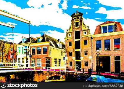 Vibrant illustration of buildings and bridge in Alkmaar, the Netherlands