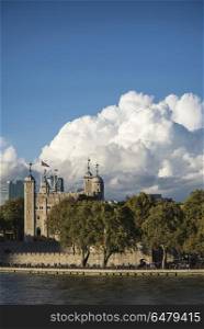 Vibrant landscape image of Tower of London on summer day with bl. Places. Landscape image of Tower of London on summer day