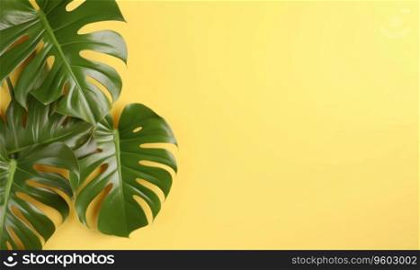 Vibrant monstera leaves on a bright yellow background, creating a tropical ambiance and a striking color contrast. Created with generative AI tools. Vibrant monstera leaves on a bright yellow background. Created by AI