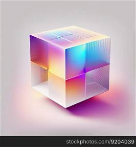 Vibrant neon iridescent prism cube form. Abstract modern luxury banner. Generative AI. Iridescent prism cube form. Abstract luxury banner. Generative AI