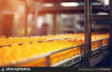 Vibrant oranges on a conveyor belt in a factory. Efficient processing of fresh oranges in a modern production plant. Created with generative AI tools. Vibrant oranges on a conveyor belt in a factory. Created by AI tools