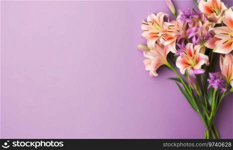 Vibrant pink lilies elegantly positioned against a soft purple hue. AI Generative. Vibrant elegantly pink lilies. AI Generative