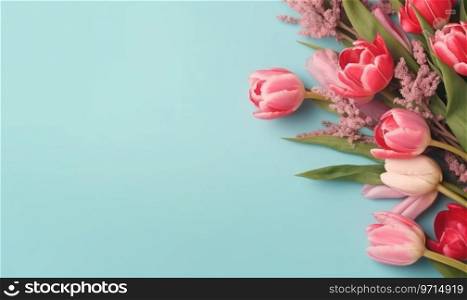Vibrant pink tulips against a tranquil blue background, creating a striking, joyful abstract display. AI Generative. Vibrant pink tulips against a tranquil blue background. AI Generative