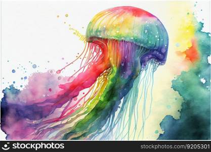 Vibrant rainbow color jellyfish in watercolor splashing painting on isolated background, vivid aquatic life artwork concept. Superb Generative AI. Vibrant rainbow color jellyfish in watercolor splashing painting