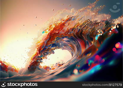 Vibrant rainbow color tidal wave splashing in contemporary abstract art background with colorful gradient and beautiful lighting. Superb Generative AI. Vibrant rainbow color tidal wave splashing in contemporary abstract art