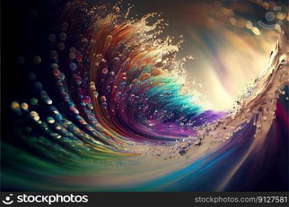 Vibrant rainbow color tidal wave splashing in contemporary abstract art background with colorful gradient and beautiful lighting. Superb Generative AI. Vibrant rainbow color tidal wave splashing in contemporary abstract art