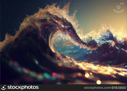 Vibrant rainbow color tidal wave splashing in contemporary abstract art background with colorful gradient and beautiful lighting. Superb Generative AI. Vibrant rainbow color tidal wave splashing in contemporary abstract art