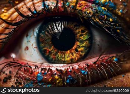 Vibrant rainbow makeup on female eye with close-up details of pupil and iris. Beautiful model showcasing her artistry and style. Ideal for cosmetic and fashion photography. AI Generative.