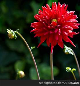 Vibrant red Dahlia flowering in summertime