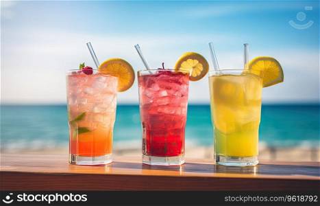 Vibrant summer drinks on a wooden table overlooking the ocean. Assorted colorful beverages with a serene ocean backdrop. Created with generative AI tools. Assorted colorful beverages. Created by AI