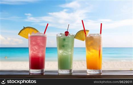 Vibrant summer drinks on a wooden table overlooking the ocean. Assorted colorful beverages with a serene ocean backdrop. Created with generative AI tools. Assorted colorful beverages. Created by AI