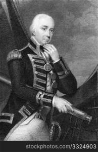 Vice Admiral Cuthbert Collingwood, 1st Baron Collingwood (1748-1810) on engraving from 1832. Admiral of the Royal Navy, notable as a partner with Lord Nelson in several of the British victories of the Napoleonic Wars. Engraved by W.Finden after a painting by E.Howard and published by Fisher, Son & Co London.