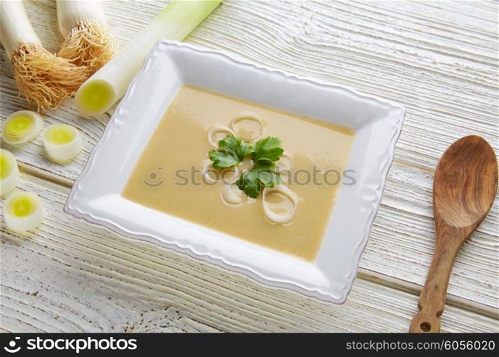 vichyssoise cream soup with leeks on white wood table