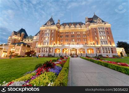 VICTORIA, CANADA - AUGUST 14, 2017: The Empress Hotel on a beaut. VICTORIA, CANADA - AUGUST 14, 2017: The Empress Hotel on a beautiful summer evening. Victoria is a popular destination in Vancouver Island.