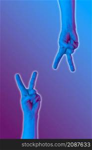 Victory gesture hands in a surreal style in violet blue neon colors. Modern psychedelic creative element with human palm for posters, banners, wallpaper. Copy space. Magazine style template.. Victory gesture hands in a surreal style in violet blue neon colors. Modern psychedelic creative element with human palm for posters, banners, wallpaper. Magazine style template. Copy space.