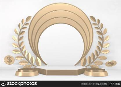 Victory golden podium winner on white background minimal design. 3D rendering