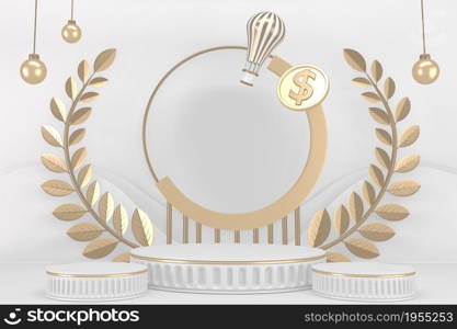 Victory golden podium winner on white background minimal design. 3D rendering