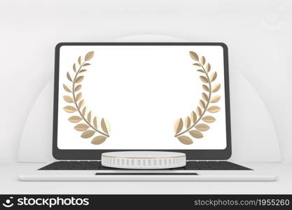 Victory golden podium winner on white background minimal design. 3D rendering