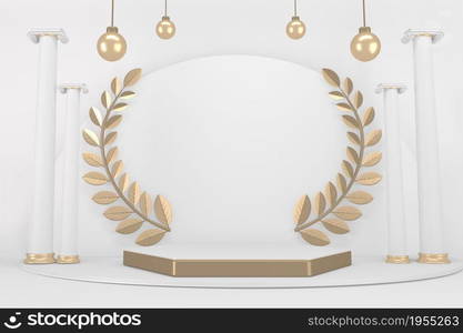 Victory golden podium winner on white background minimal design. 3D rendering