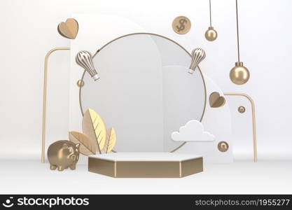 Victory golden podium winner on white background minimal design. 3D rendering