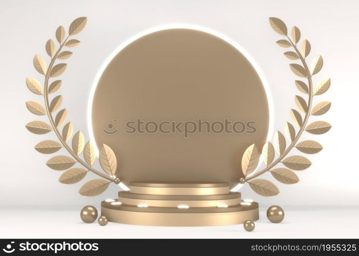 Victory golden podium winner on white background minimal design. 3D rendering