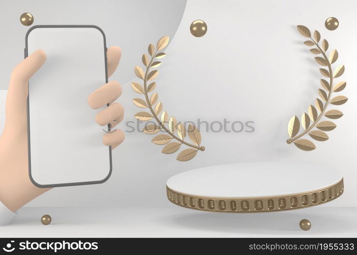 Victory golden podium winner on white background minimal design. 3D rendering