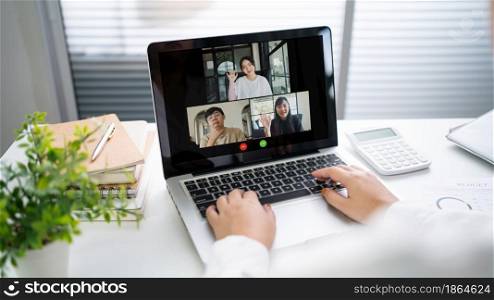 Video callpeople online meeting withbusiness partner group startup new normal lifestyle teleconference. happy woman using laptop for Video call and online service
