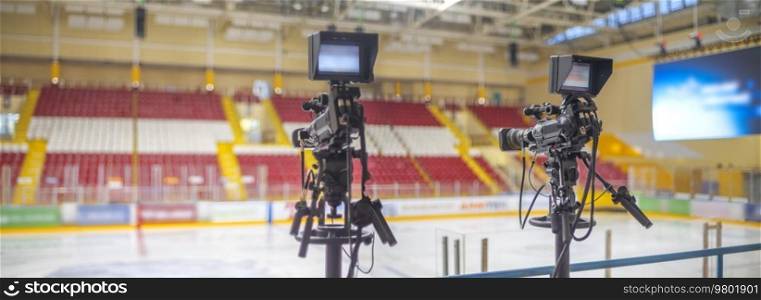 video cameras for live broadcast of sports competition in the ice arena
