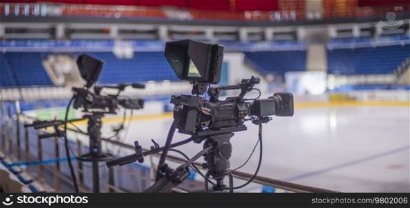 video cameras for live broadcast of sports competition in the ice arena