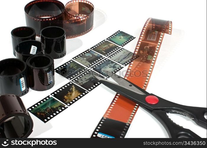 video editing of negative and positive film isolated on white background