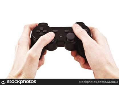 Video game controller in hand isolated on white background