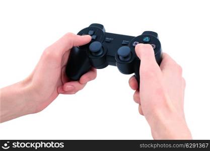 video game controller in hand isolated on white background