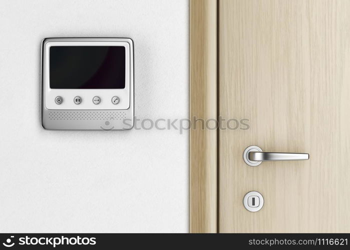 Video intercom near the entrance door in the apartment, front view