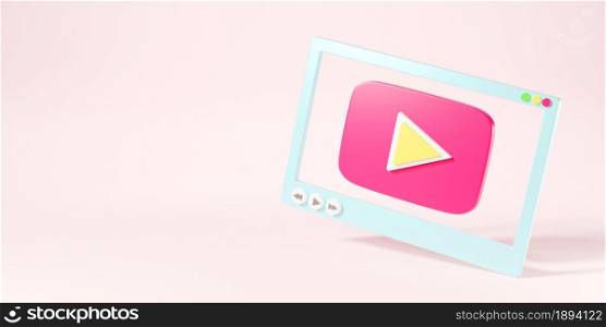 Video media player screen interface for social media template for web or mobile apps on pink background, Play movie video online mock up, 3D rendering illustration
