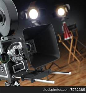 Video, movie, cinema concept. Retro camera, flash and director&rsquo;s chair in dark studio with dof effect. 3d
