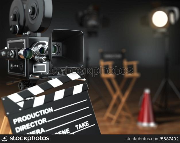 Video, movie, cinema concept. Retro camera, flash, clapperboard and director&rsquo;s chair in dark studio with dof effect. 3d