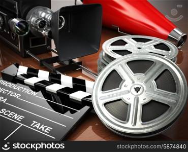 Video, movie, cinema vintage concept. Retro camera, reels and clapperboard. 3d